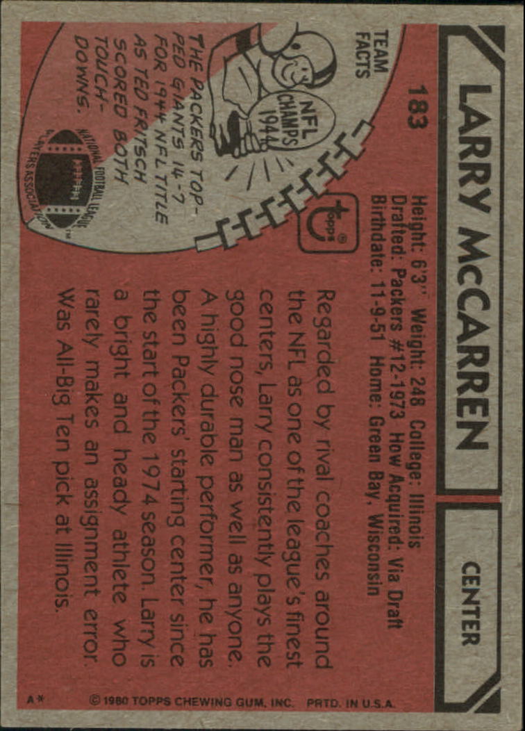 1980 Topps #183 Larry McCarren back image