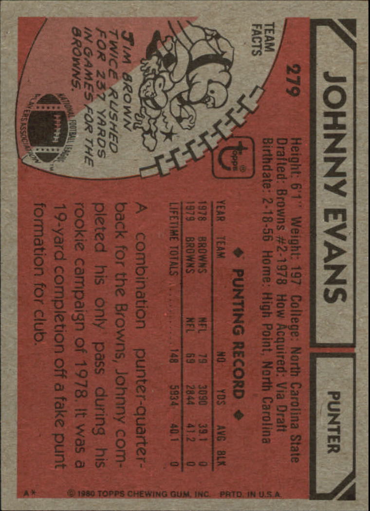 1980 Topps #279 Johnny Evans back image