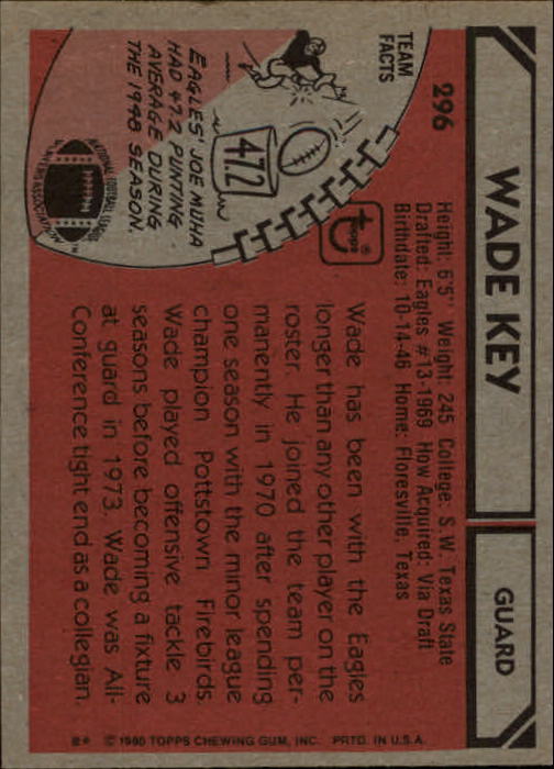 1980 Topps #296 Wade Key back image