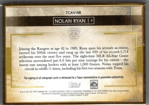 2020 Topps Transcendent Transcendent Collection Autographs Variation #TCAVNR Nolan Ryan back image