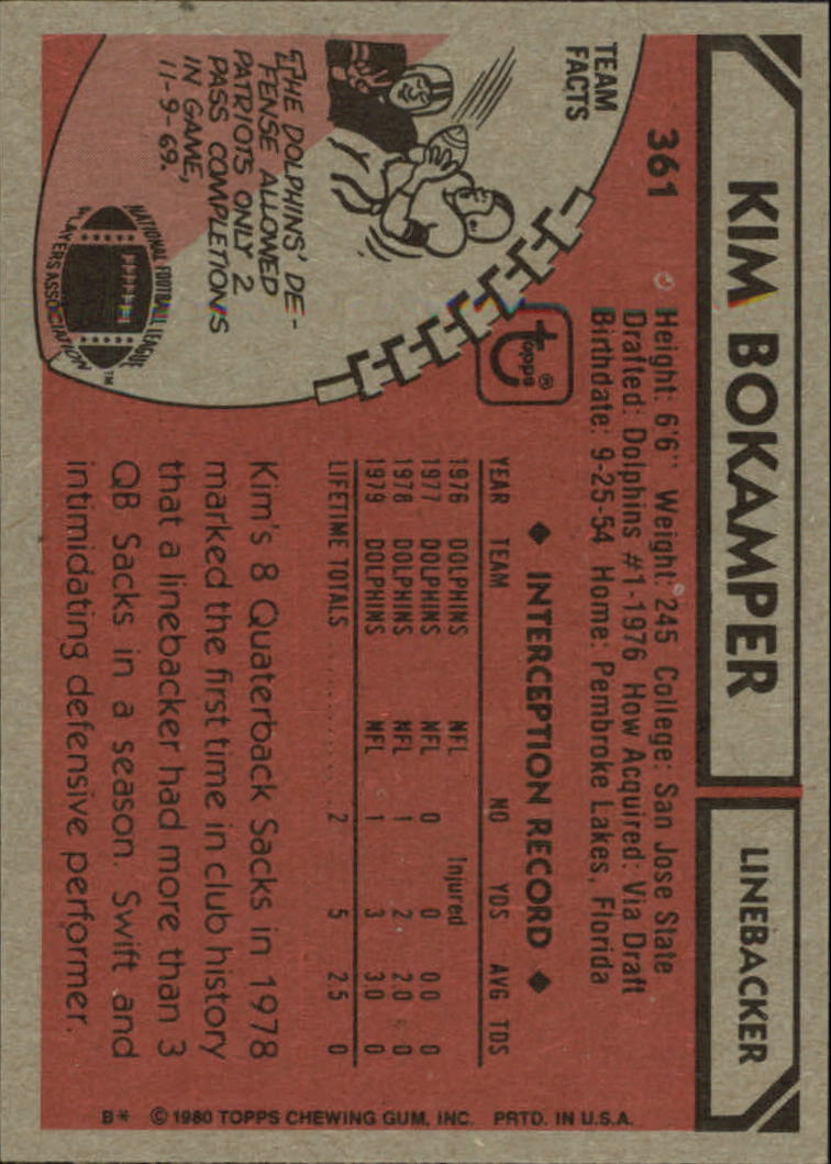 1980 Topps #361 Kim Bokamper RC back image