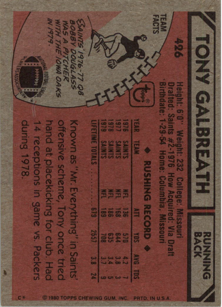 1980 Topps #426 Tony Galbreath back image