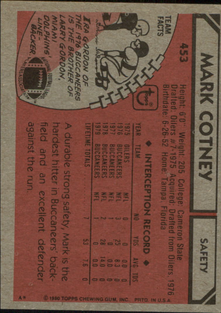 1980 Topps #453 Mark Cotney RC back image