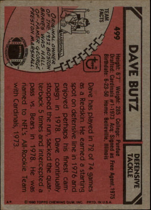 1980 Topps #499 Dave Butz RC back image