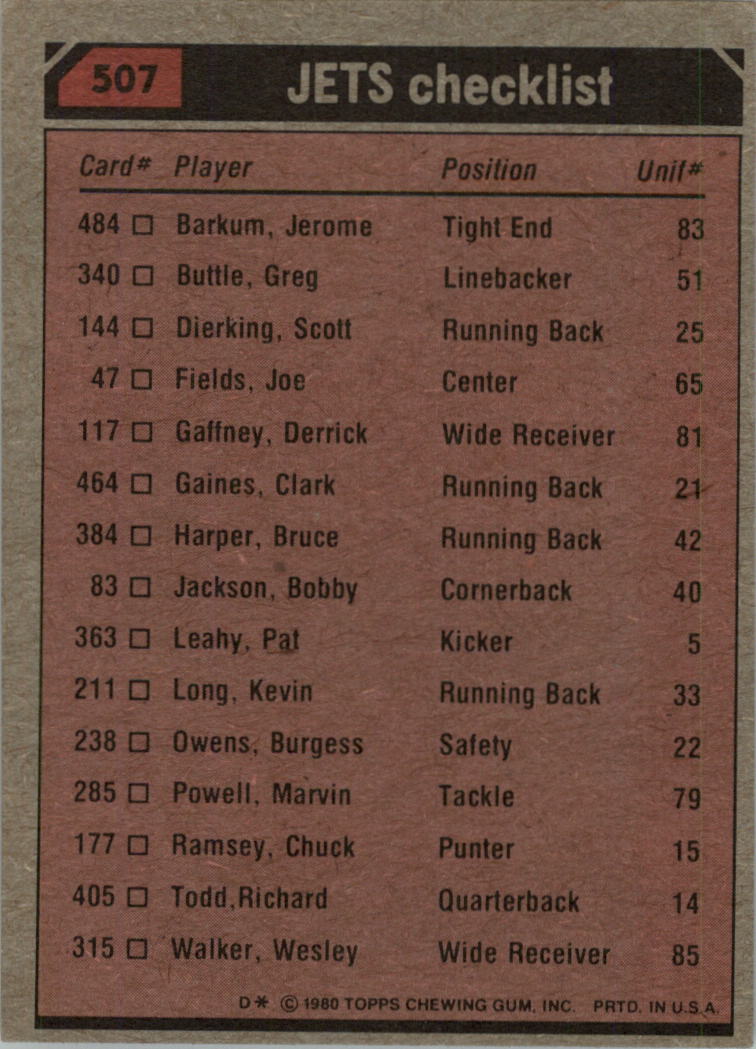 1980 Topps #507 New York Jets TL/Clark Gaines/Wesley Walker/Burgess Owens/Joe Klecko/(checklist back0 back image