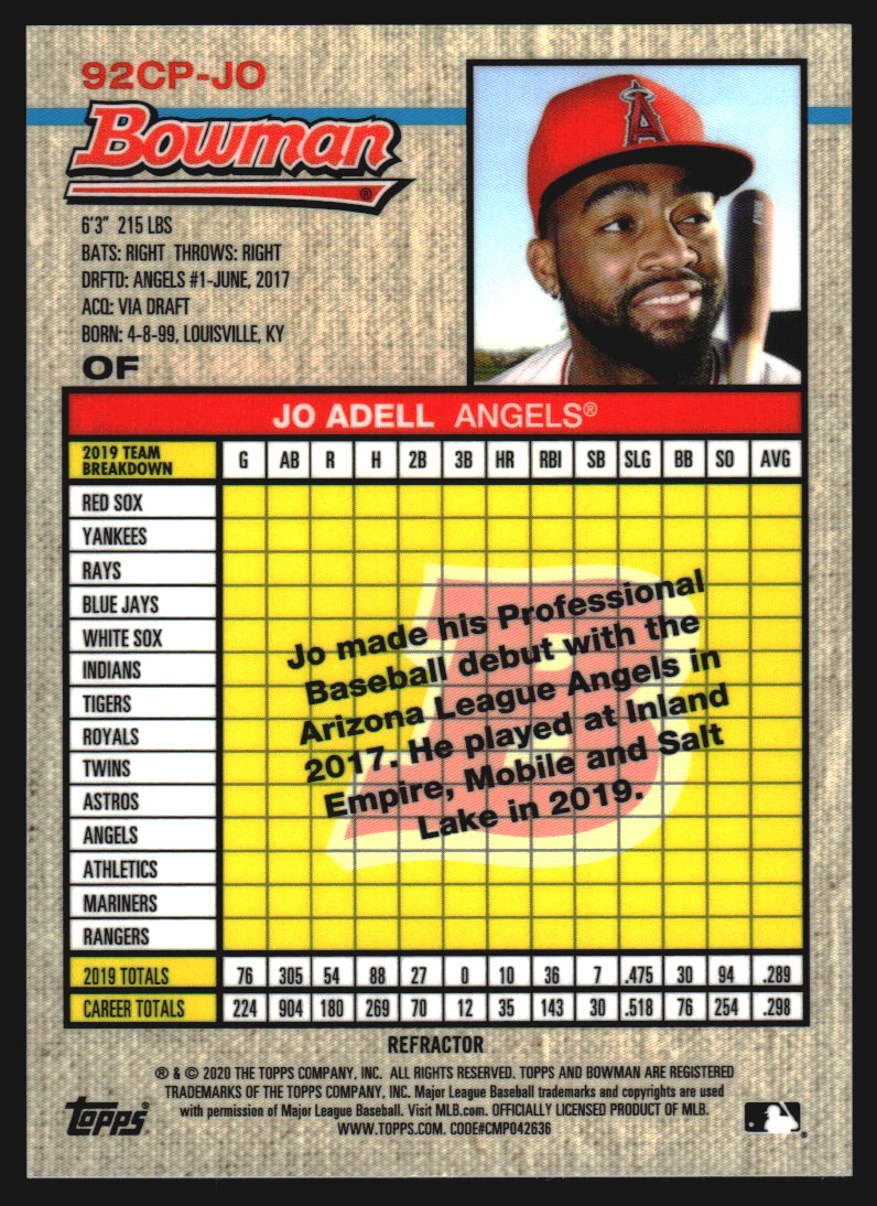 2020 Bowman Heritage Chrome Prospects Refractors #92CPJO Jo Adell