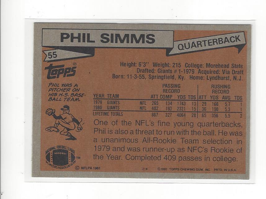 1981 Topps #55 Phil Simms back image