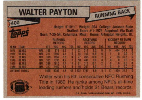1981 Topps #400 Walter Payton back image