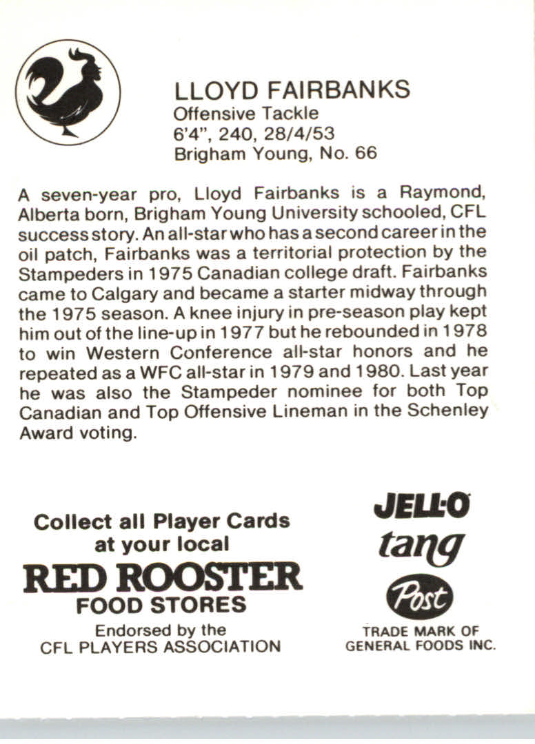 1981 Calgary Stampeders Red Rooster #8 Lloyd Fairbanks back image