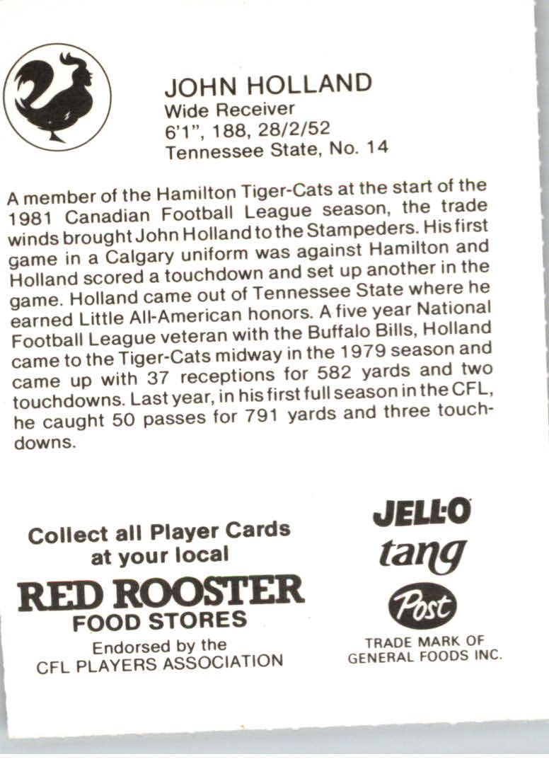 1981 Calgary Stampeders Red Rooster #13 John Holland back image