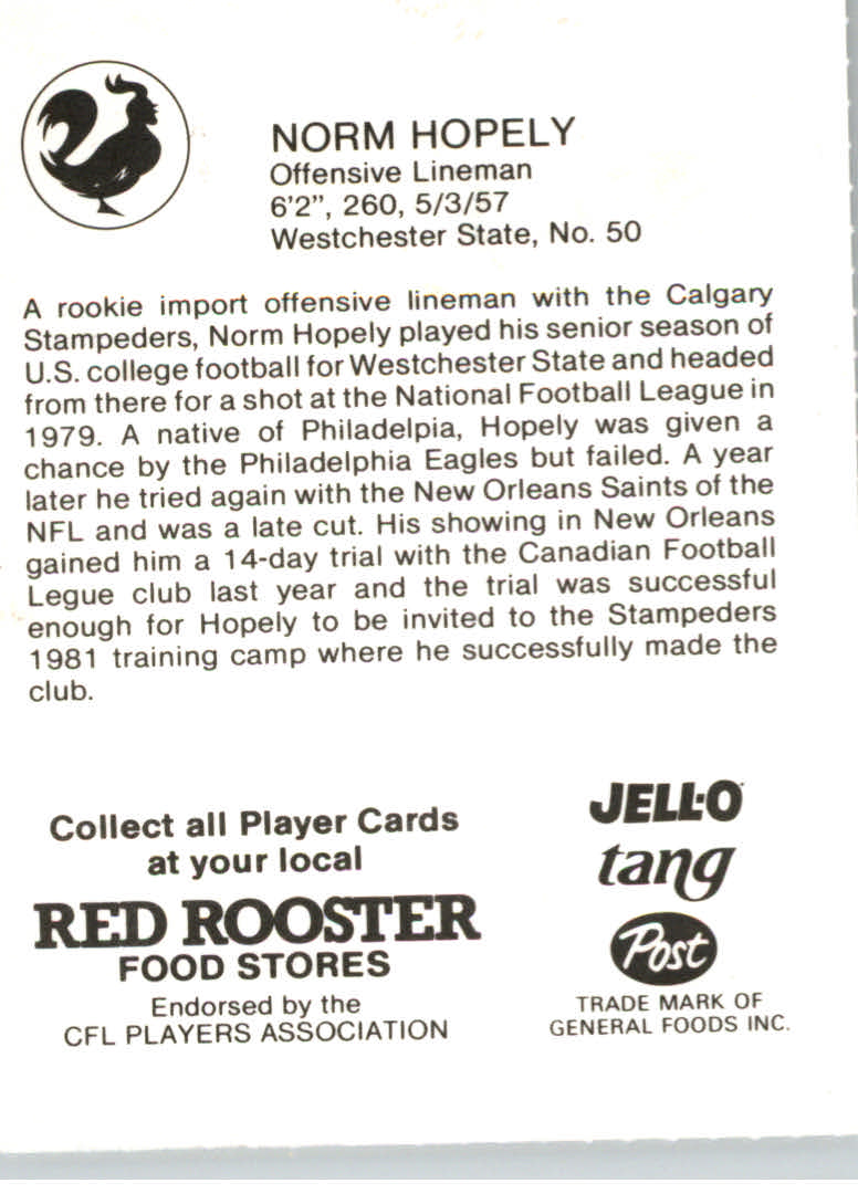1981 Calgary Stampeders Red Rooster #14 Norm Hopely back image