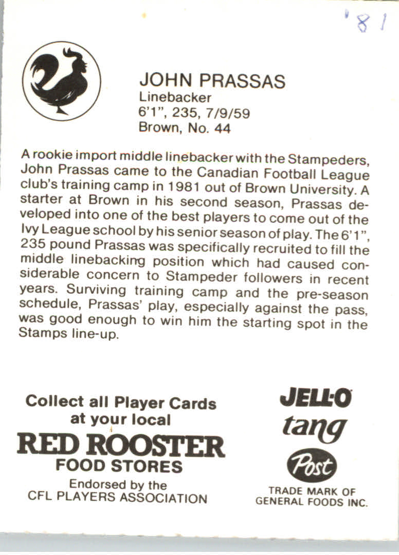 1981 Calgary Stampeders Red Rooster #34 John Prassas back image