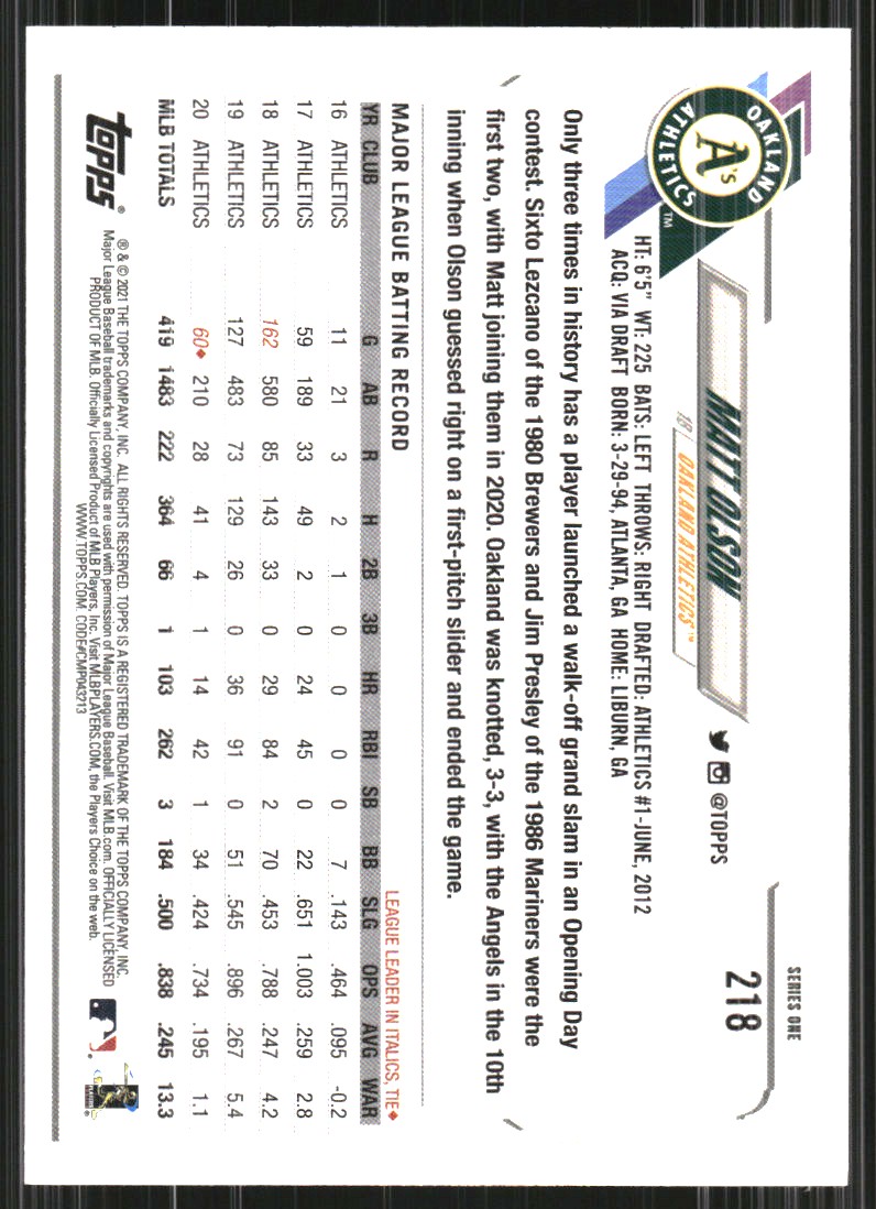 2021 Topps Gold Foil #218 Matt Olson