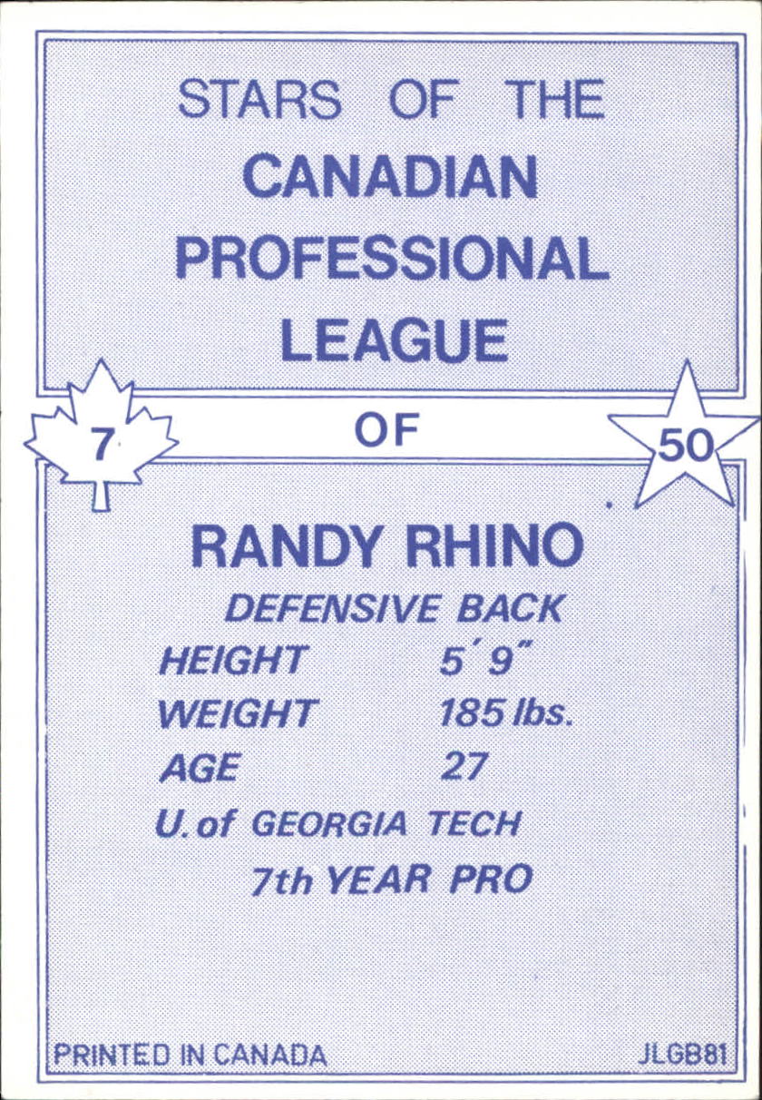 1981 JOGO Black and White #7 Randy Rhino back image