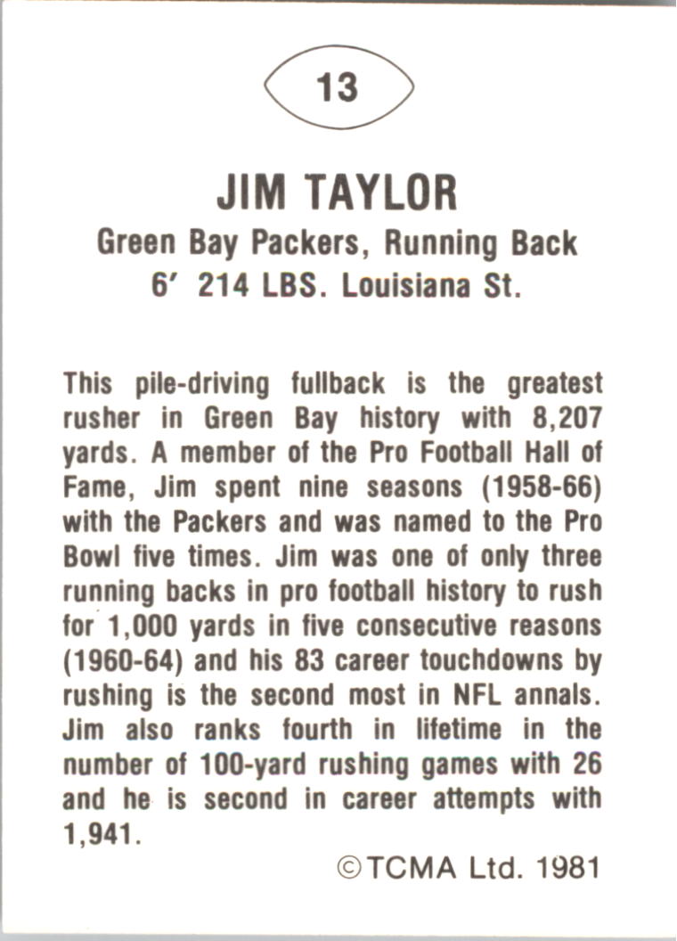 1981 TCMA Greats #13 Jim Taylor back image
