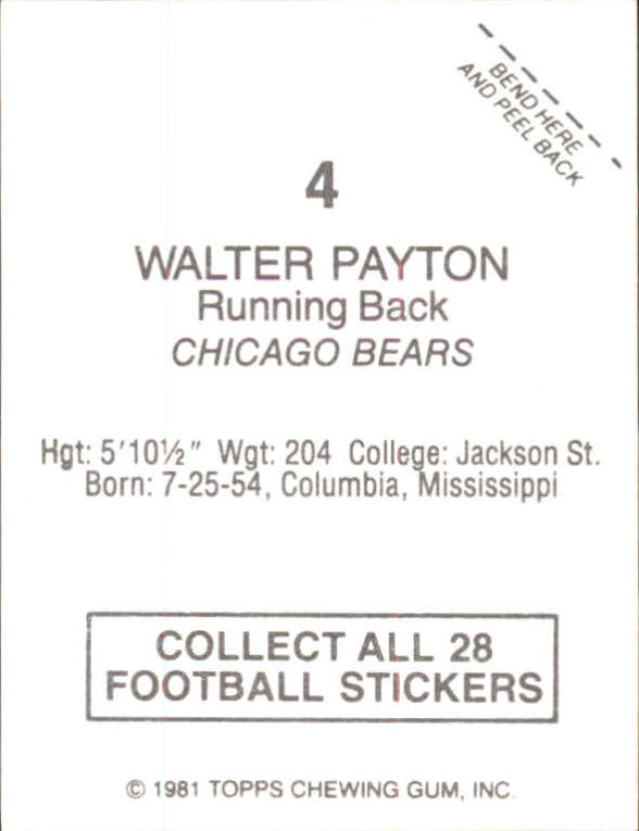 1981 Topps Red Border Stickers #4 Walter Payton back image