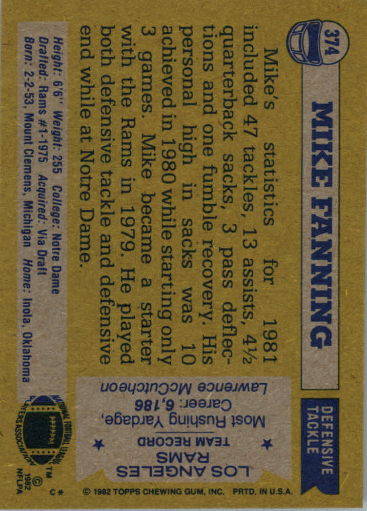 1982 Topps #374 Mike Fanning back image