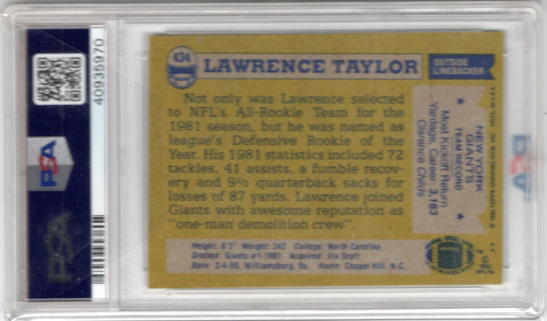 1982 Topps #434 Lawrence Taylor RC back image