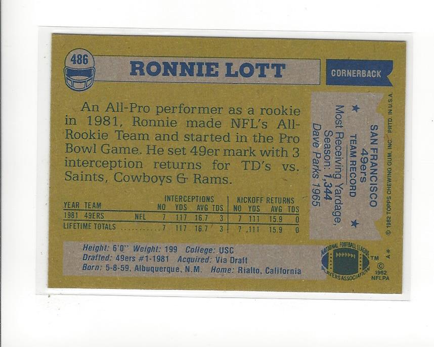1982 Topps #486 Ronnie Lott RC back image