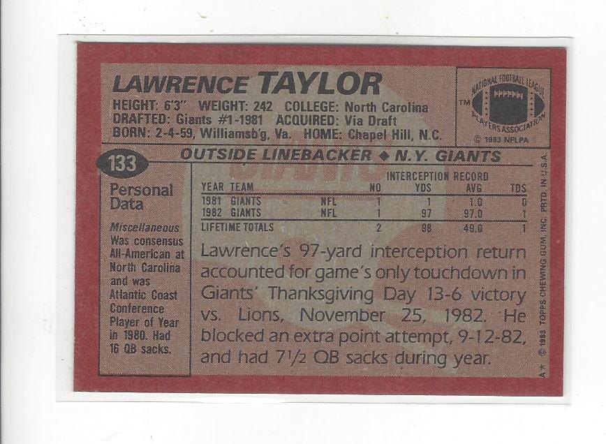 1983 Topps #133 Lawrence Taylor PB back image