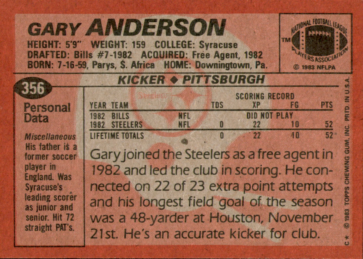 1983 Topps #356 Gary Anderson DP RC back image