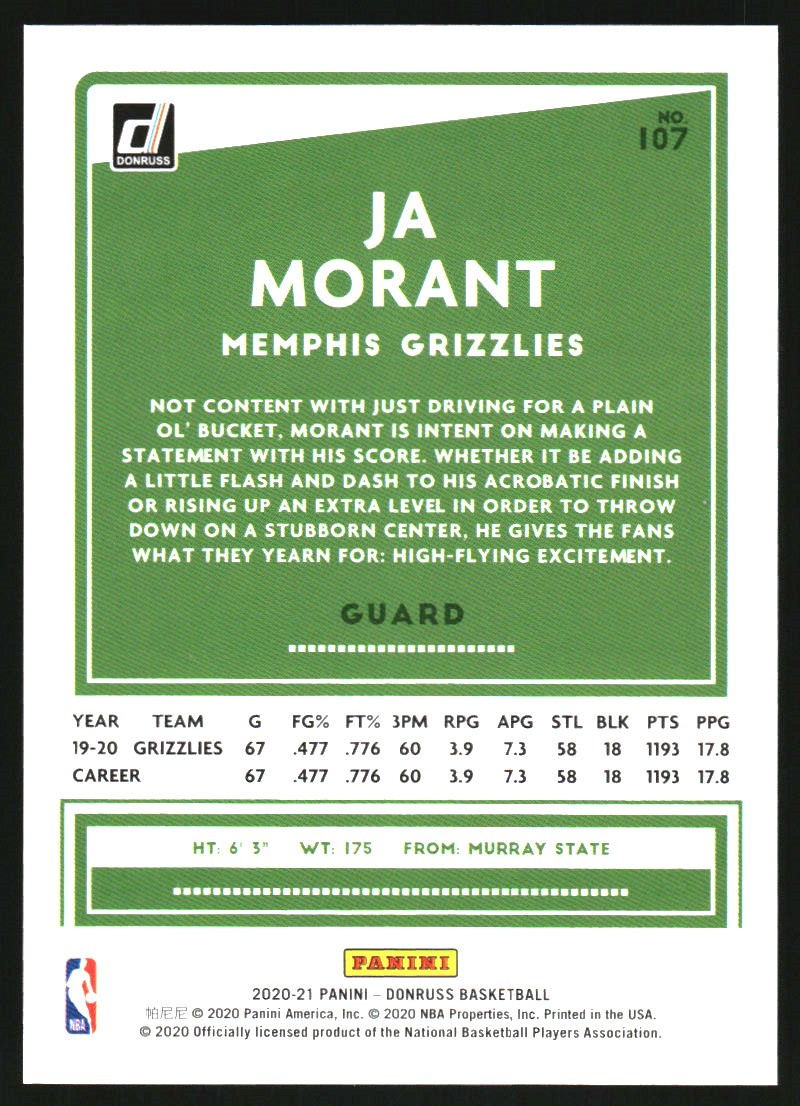 2020-21 Donruss Choice Blue #107 Ja Morant back image
