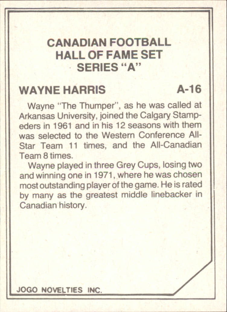 1983 JOGO Hall of Fame A #A16 Wayne Harris back image