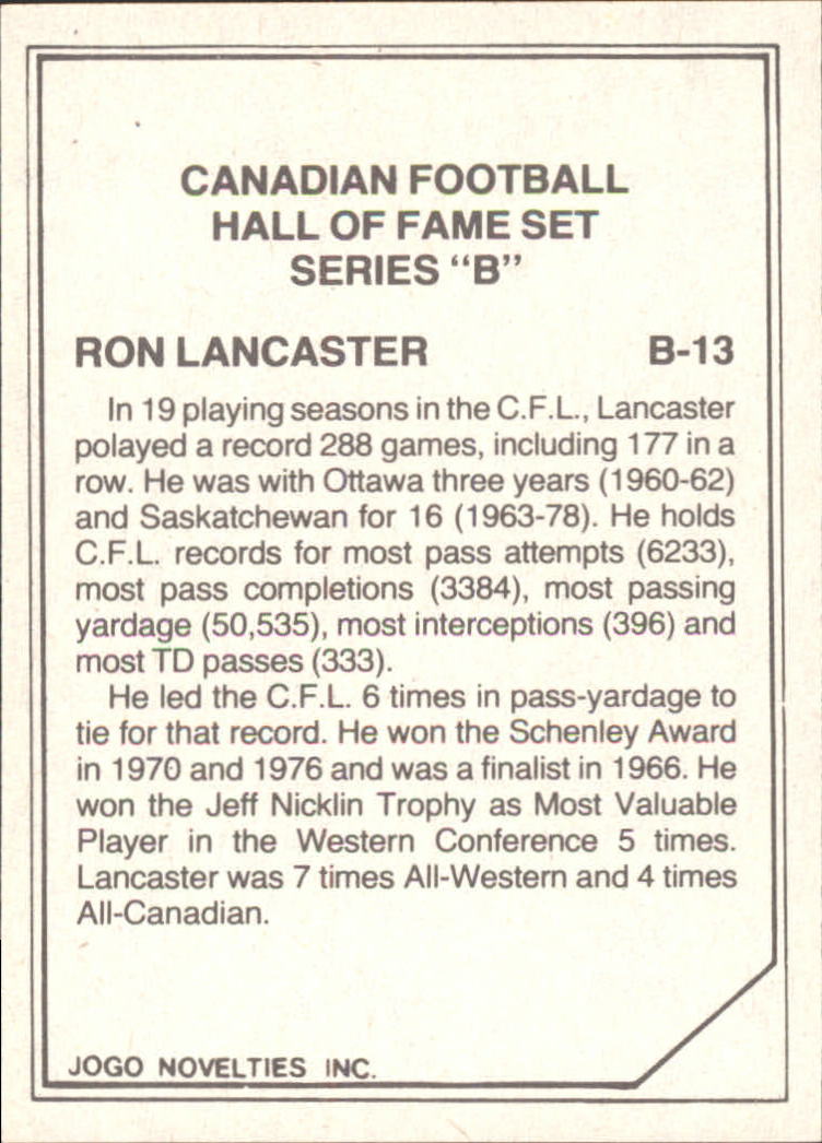 1983 JOGO Hall of Fame B #B13 Ron Lancaster back image