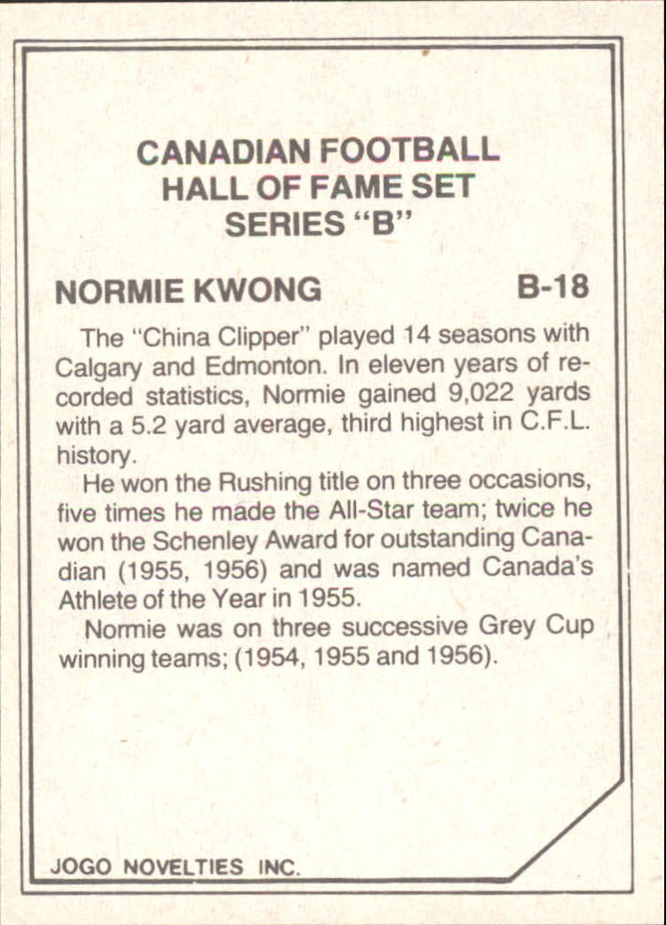 1983 JOGO Hall of Fame B #B18 Normie Kwong back image