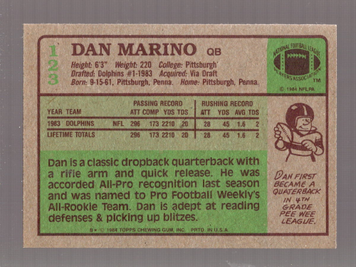 1984 Topps #123 Dan Marino PB RC UER/(Quaterback on back) back image
