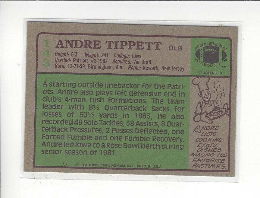 1984 Topps #143 Andre Tippett RC back image