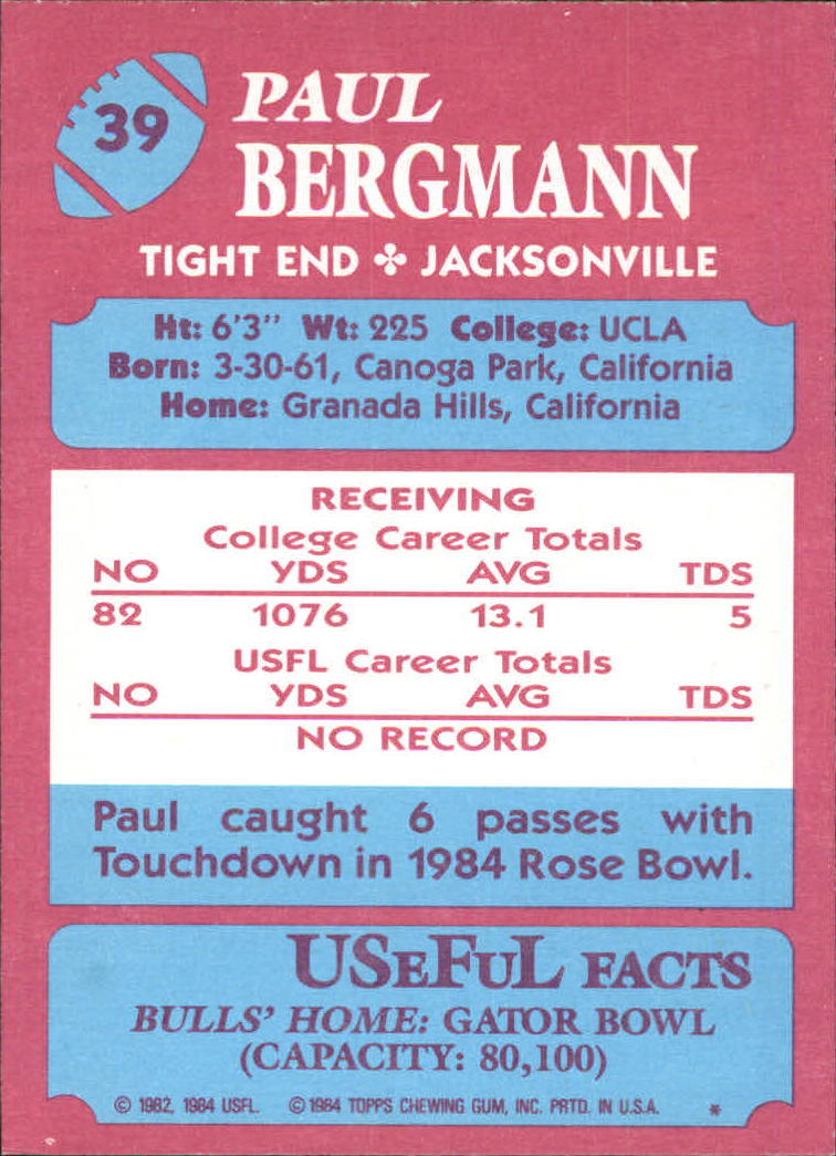 1984 Topps USFL #39 Paul Bergmann back image