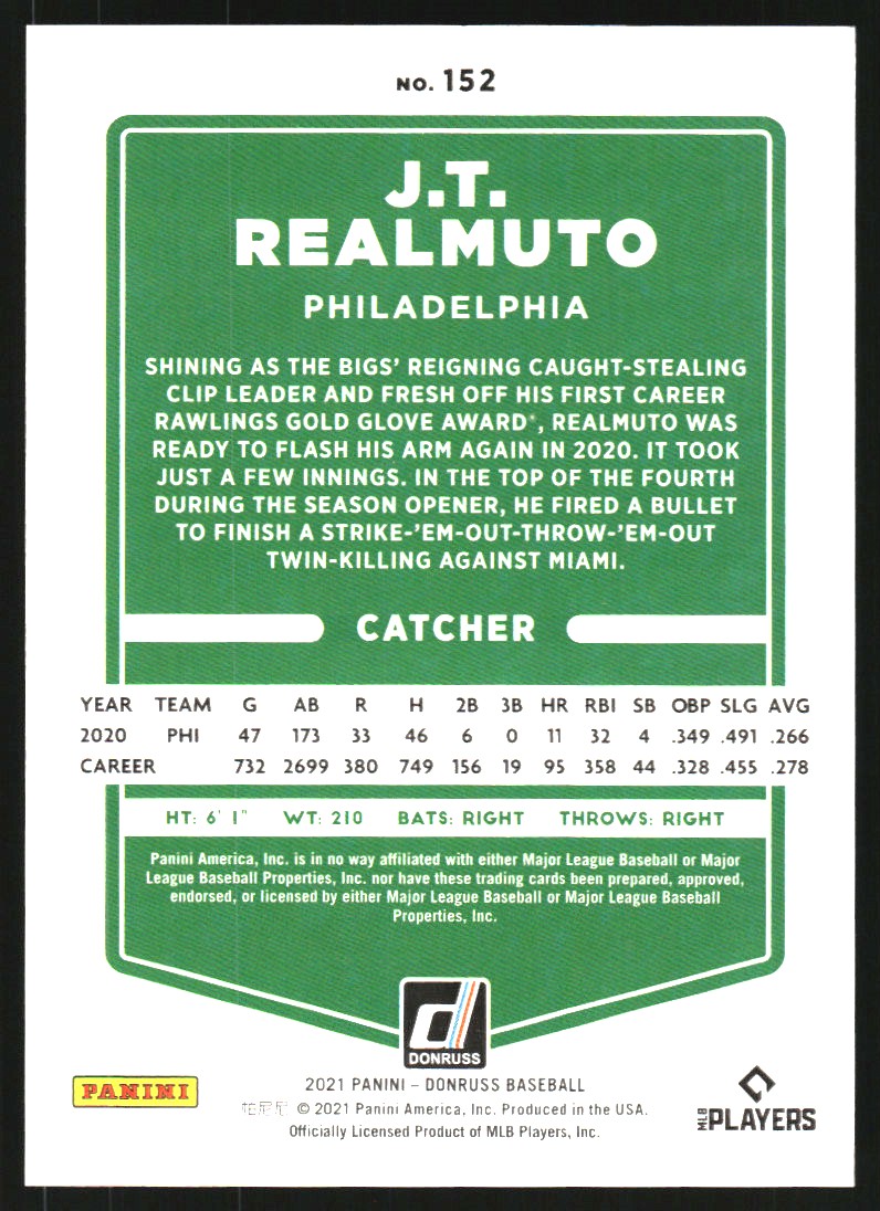2021 Donruss Red #152 J.T. Realmuto back image