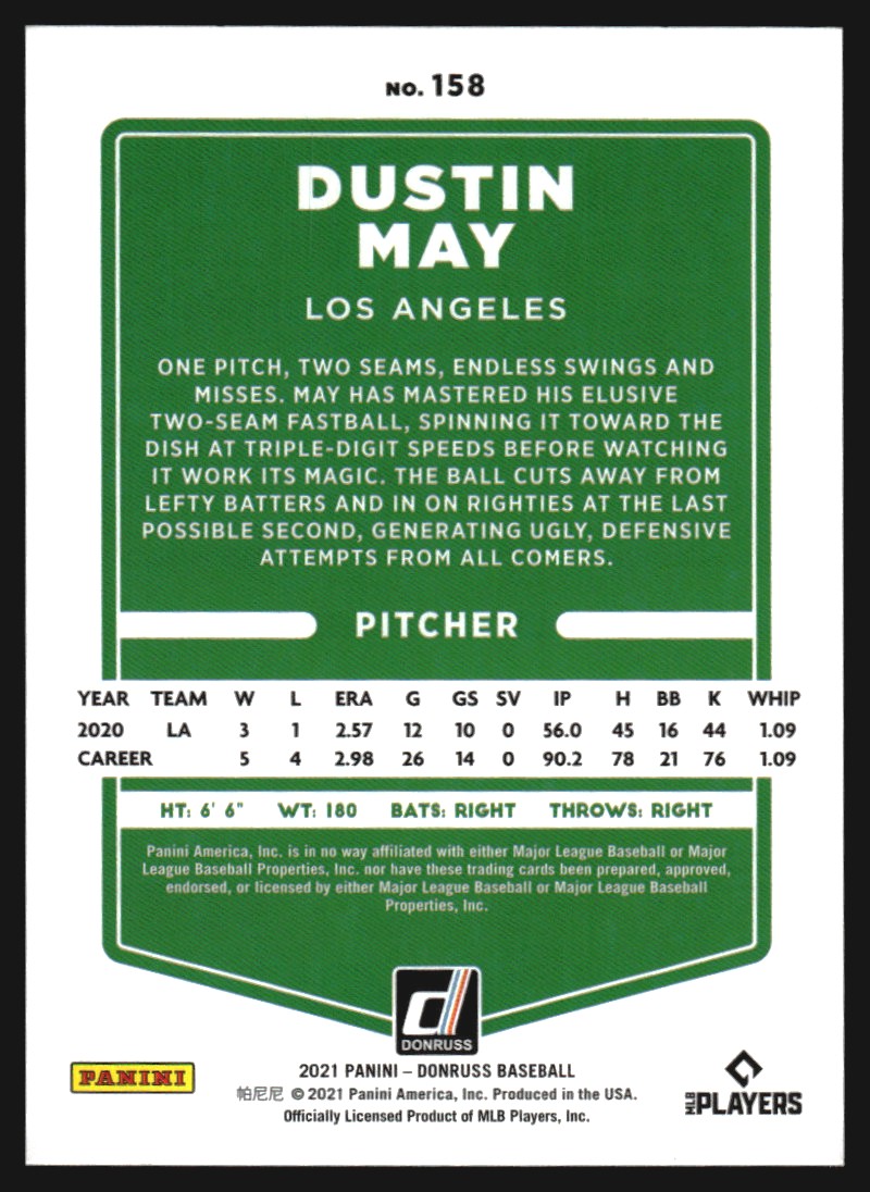2021 Donruss Red #158 Dustin May back image