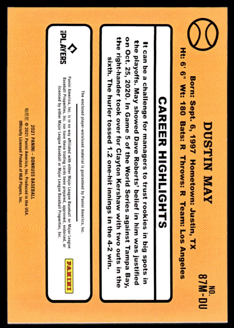2021 Donruss Retro '87 Materials Red #87MDM Dustin May/99