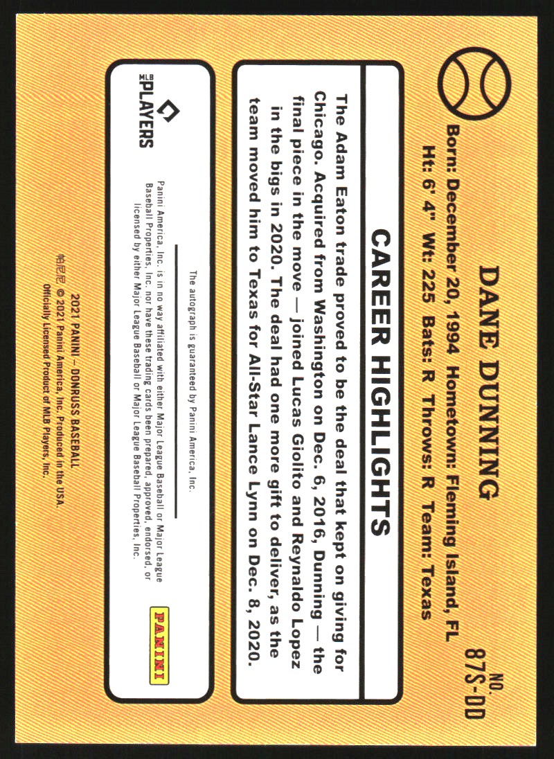 2021 Donruss Retro '87 Signatures Red #26 Dane Dunning/99