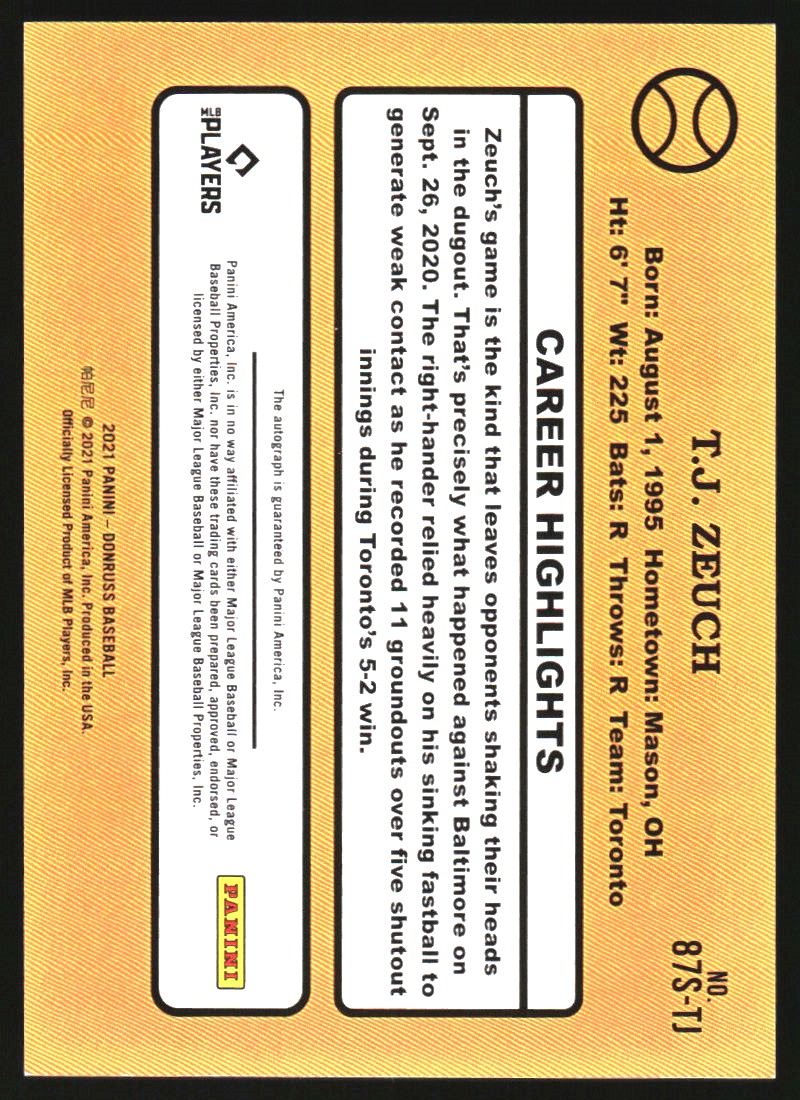 2021 Donruss Retro '87 Signatures Red #37 T.J. Zeuch/99