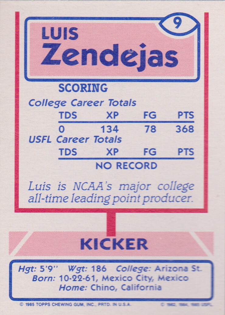 1985 Topps USFL #9 Luis Zendejas XRC back image