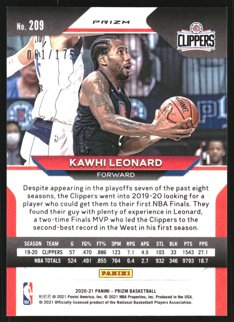 2020-21 Panini Prizm Prizms Fast Break Blue #209 Kawhi Leonard
