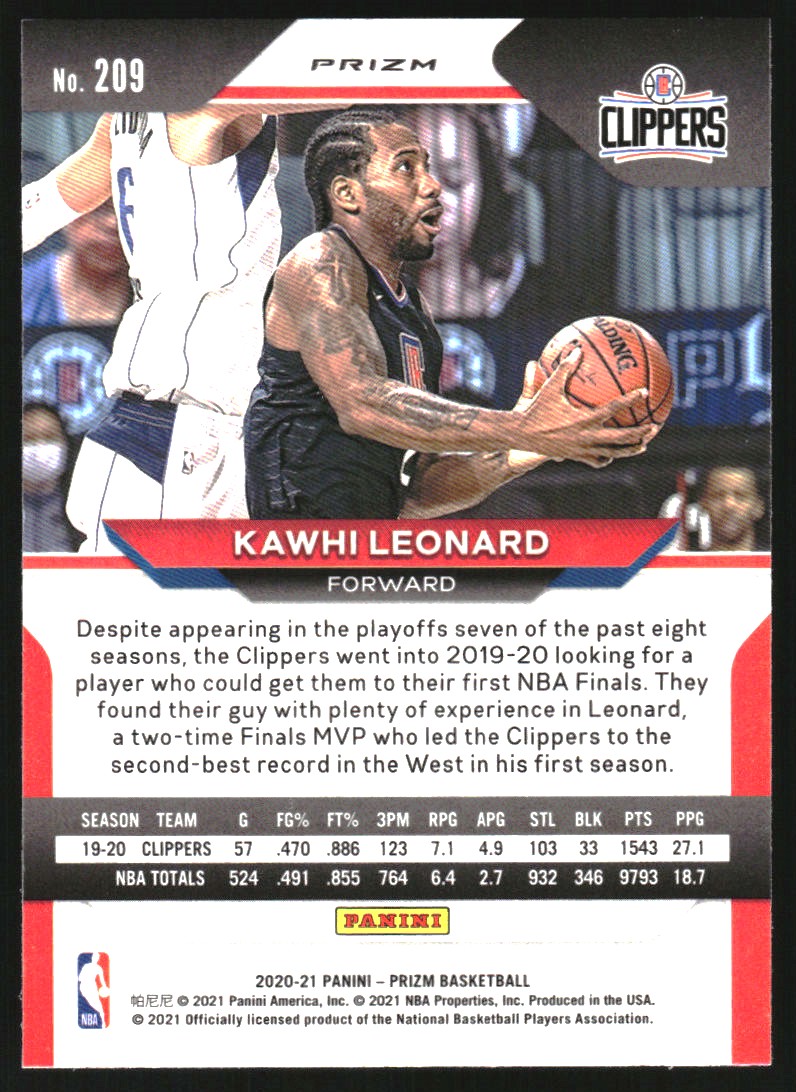 2020-21 Panini Prizm Prizms Fast Break #209 Kawhi Leonard