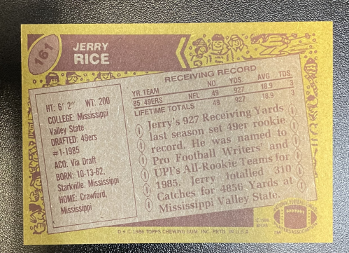 Jerry Rice (San Francisco 49ers) 1986 Topps Football #161 RC