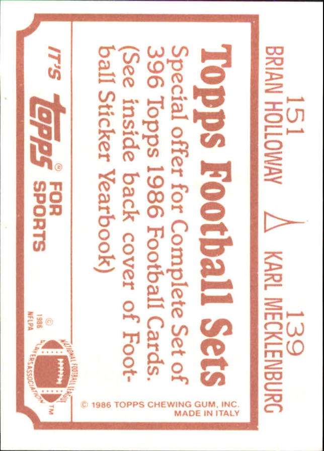 1986 Topps Stickers #139 Karl Mecklenburg/ 151 Brian Holloway AP FOIL back image