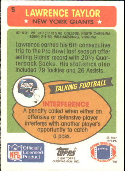 1987 Topps American/UK #5 Lawrence Taylor back image