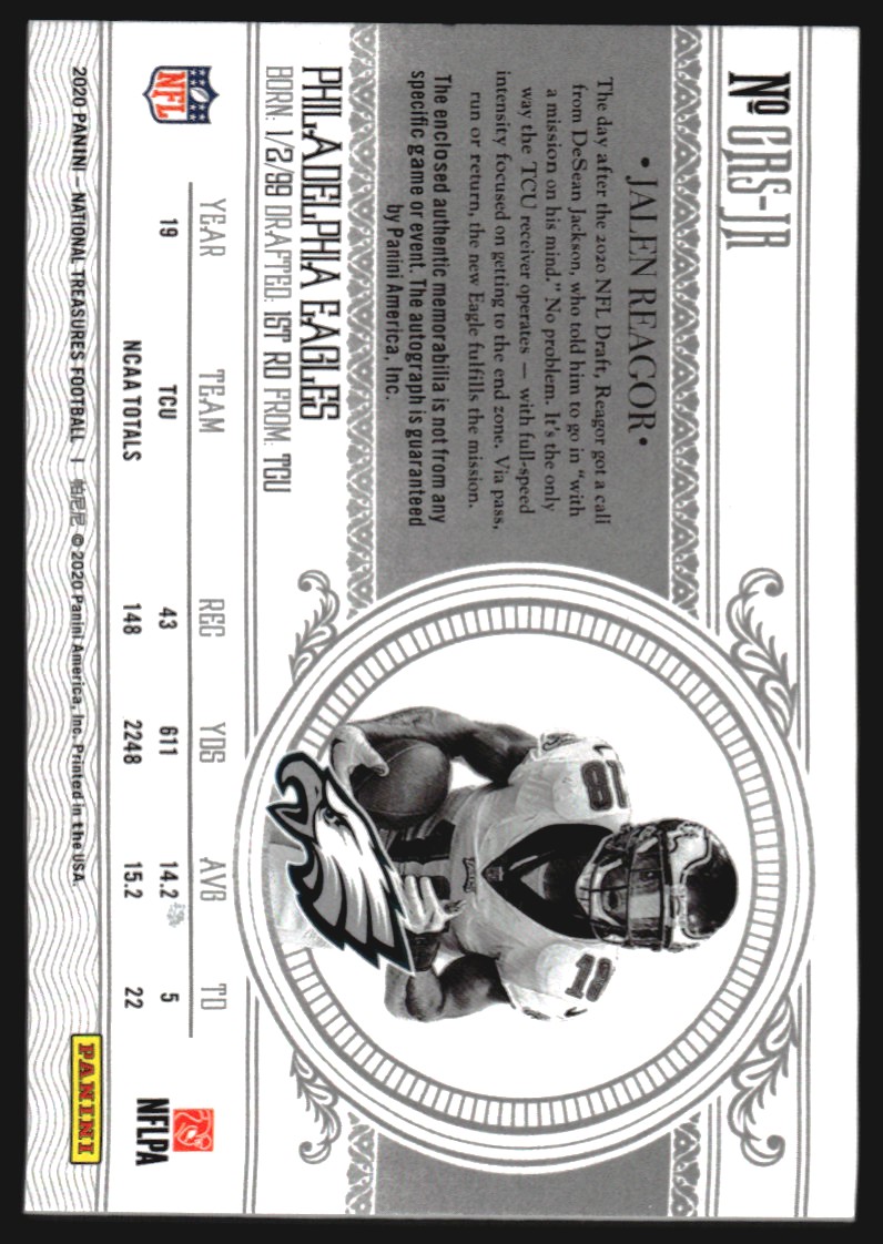 2020 Panini National Treasures Crossover Rookie Patch Autographs #20 Jalen Reagor/99