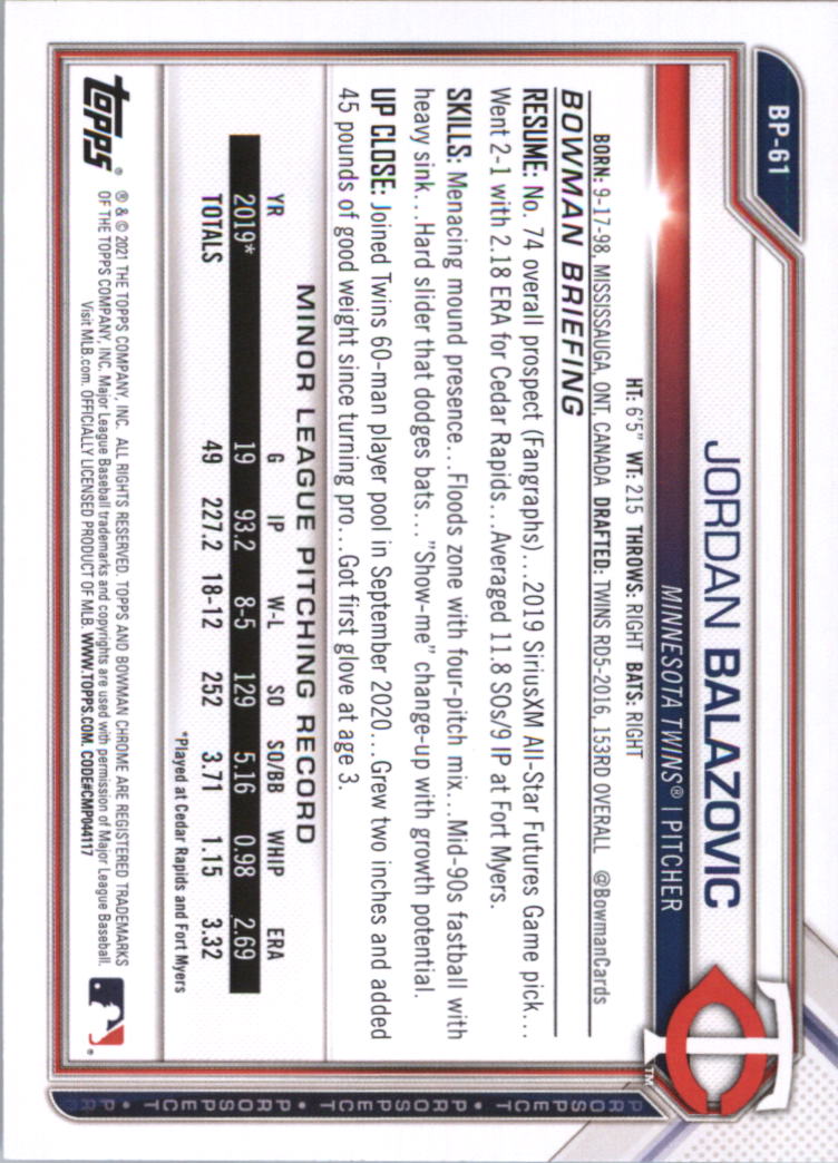 2021 Bowman Prospects Baseball Card Pick (Base) - Bild 123 von 299