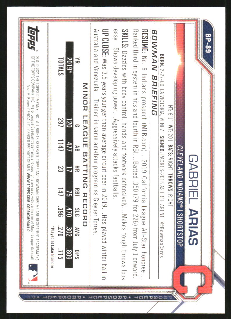 2021 Bowman Prospects Purple #BP89 Gabriel Arias