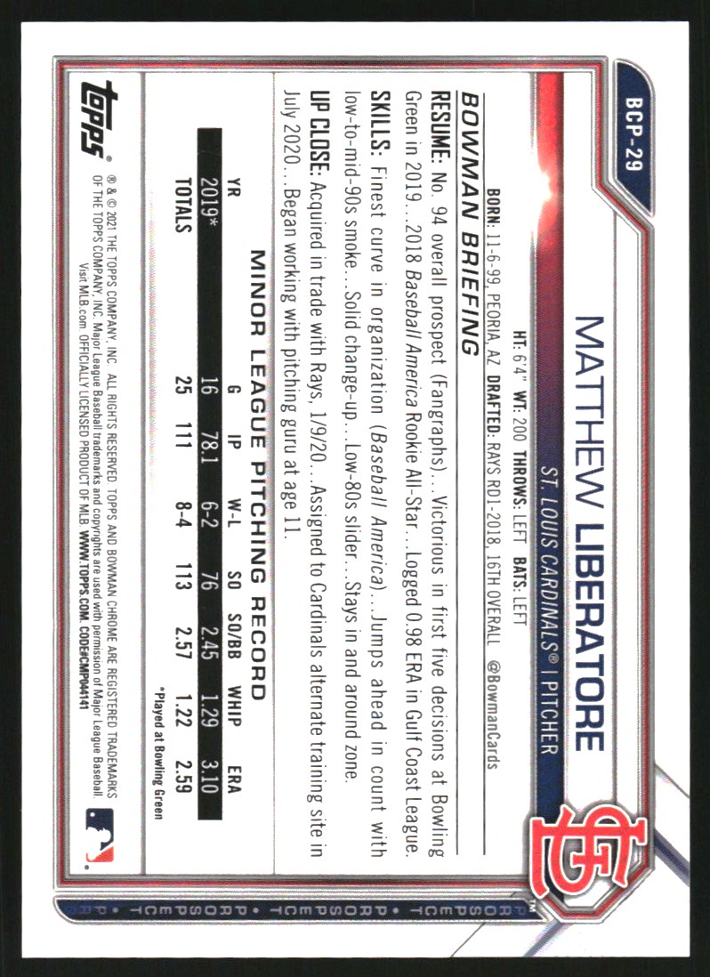 2021 Bowman Chrome Prospects Purple Refractors #BCP29 Matthew Liberatore