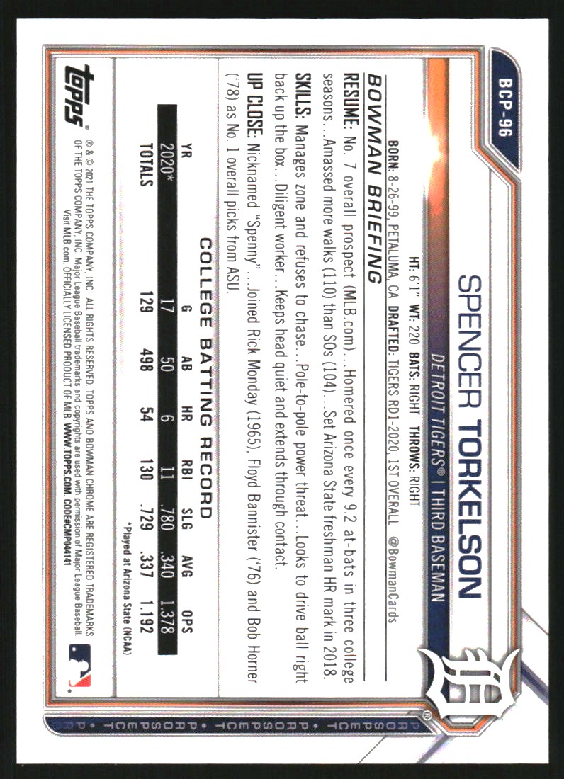 2021 Bowman Chrome Prospects Purple Refractors #BCP96 Spencer Torkelson