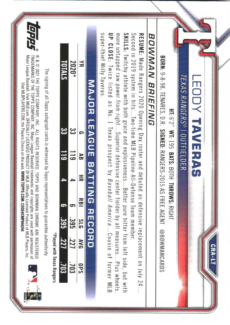 2021 Bowman Chrome Rookie Autographs Blue Refractors #CRALT Leody Taveras