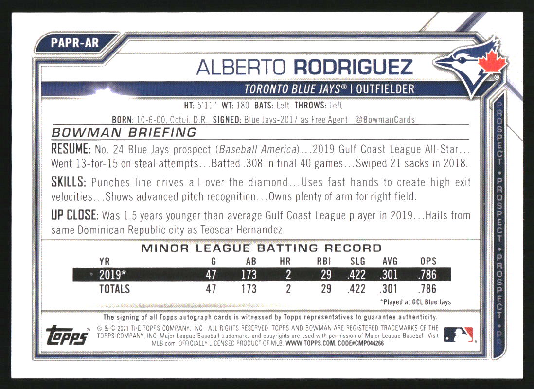 2021 Bowman Prospect Autographs #PAPRAR Alberto Rodriguez